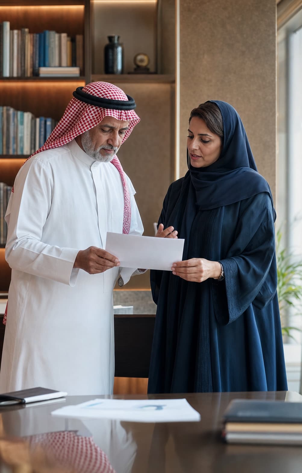 Senior Saudi professionals discussing a business brief
