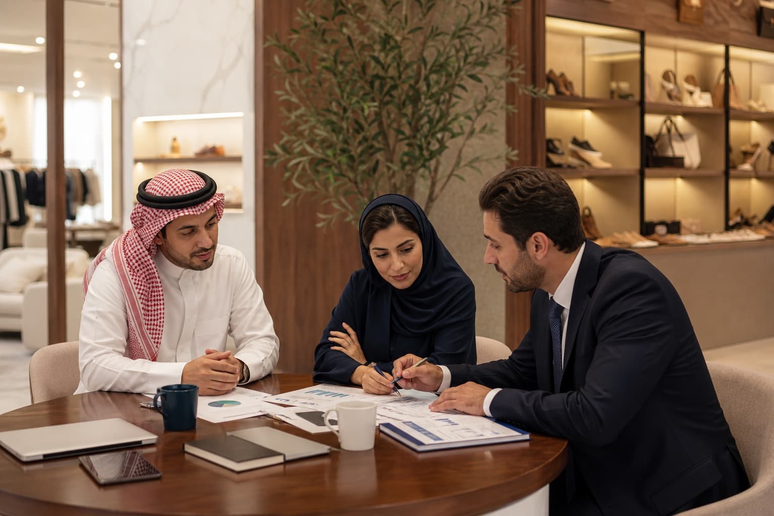 Retail business leaders reviewing growth plans