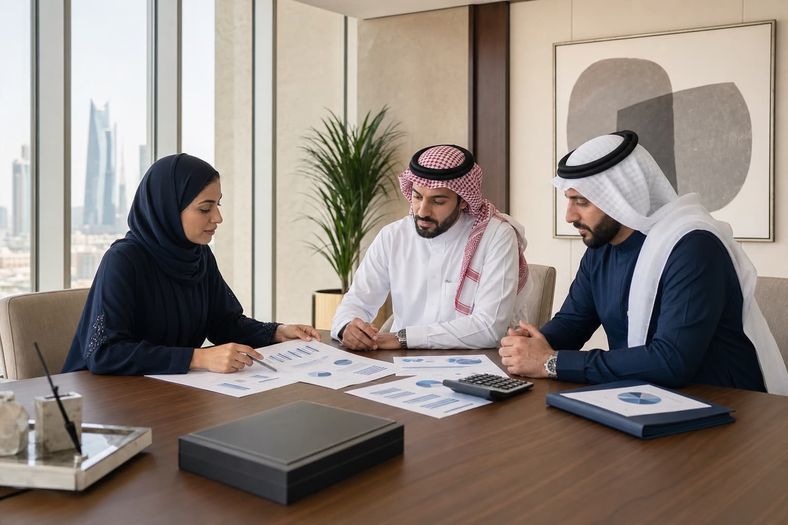 Financial advisor reviewing planning documents with Saudi business leaders