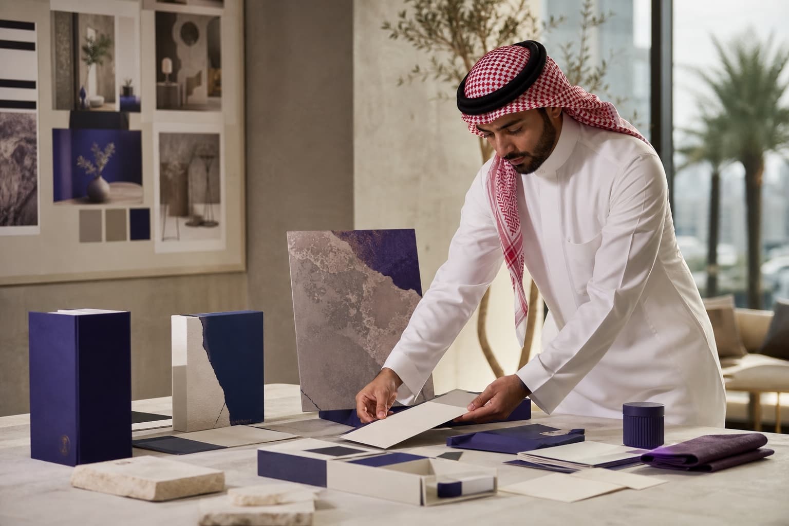 Designer arranging a fictional hospitality identity system