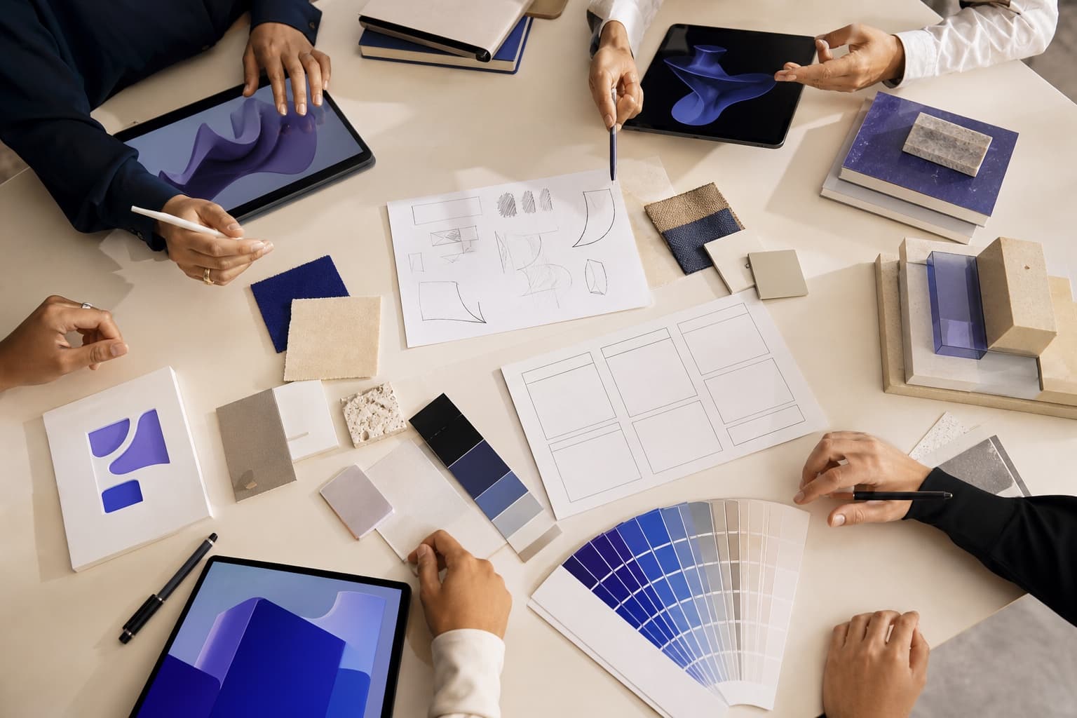 Design process materials arranged on a collaborative studio table