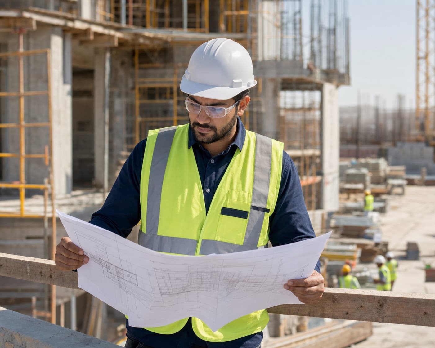 Construction supervisor reviewing engineering drawings at a Saudi building site