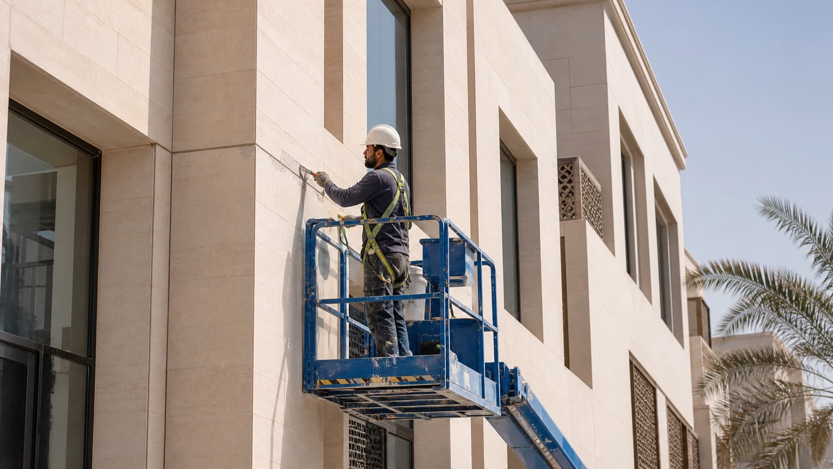 Professional carrying out exterior facade maintenance