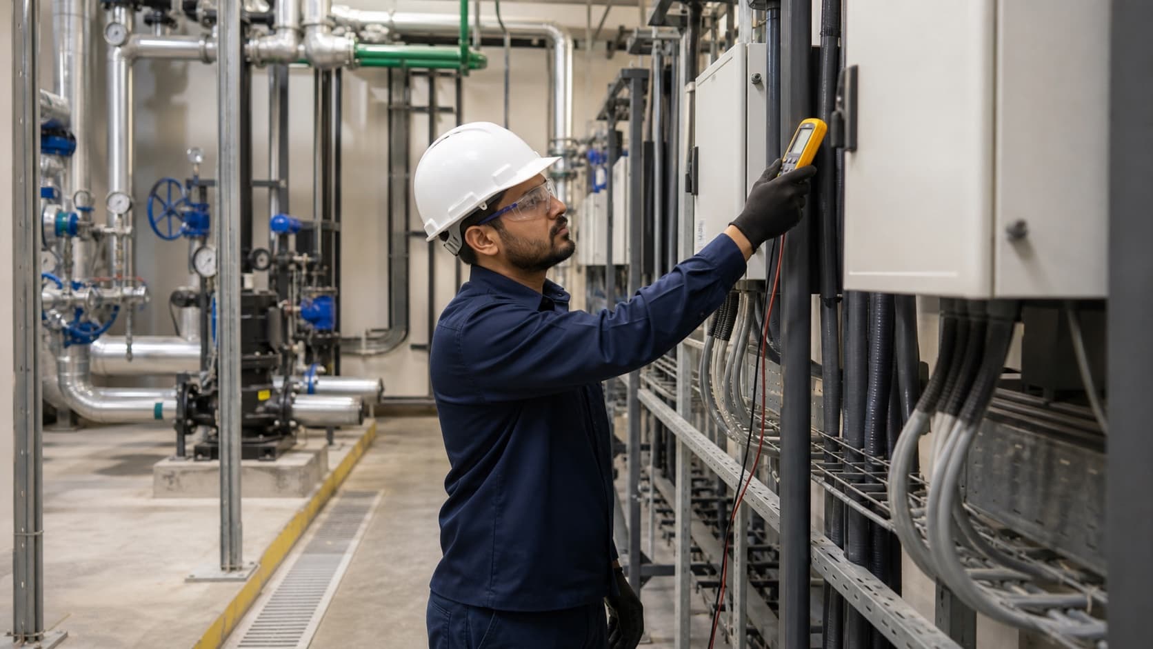 Building maintenance technician inspecting service equipment