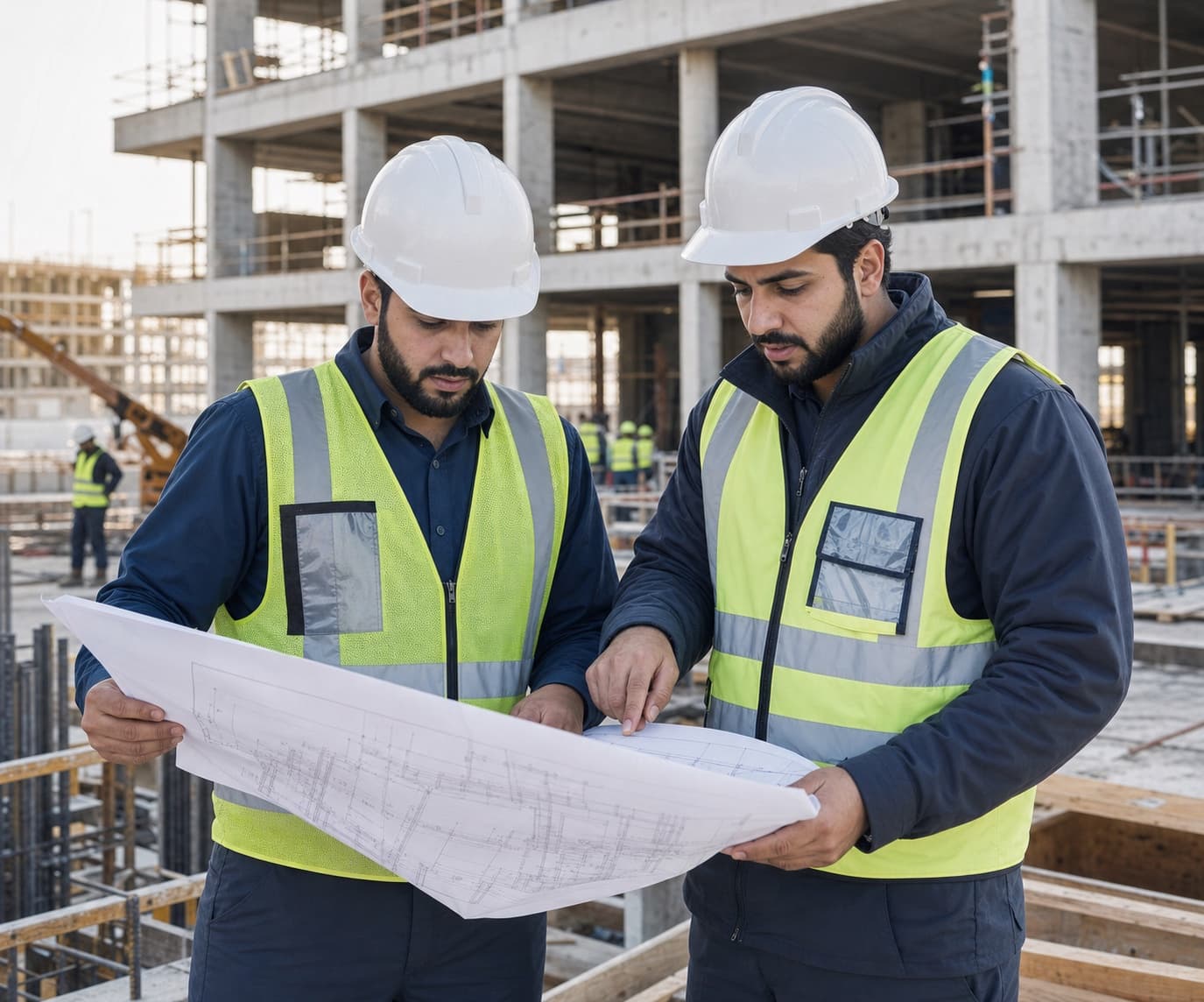 Construction manager and engineer reviewing a Saudi project on site
