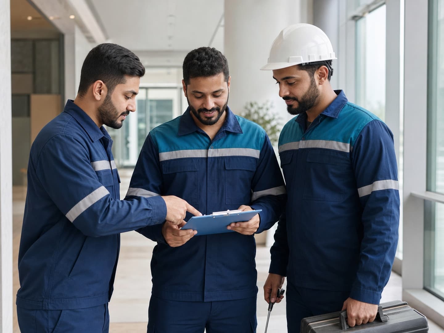 Facilities maintenance team reviewing a service checklist