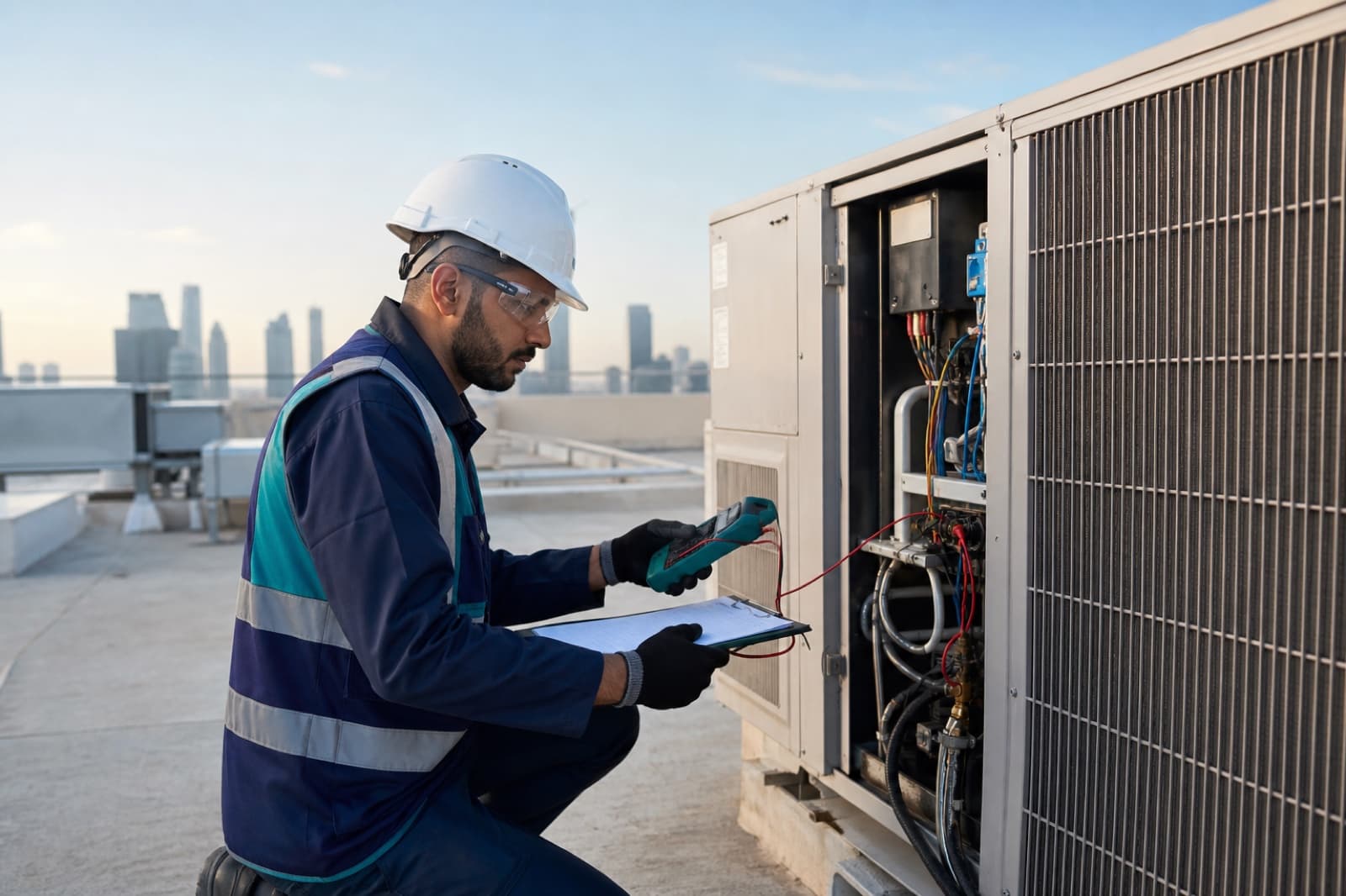Technician performing a preventive rooftop HVAC inspection