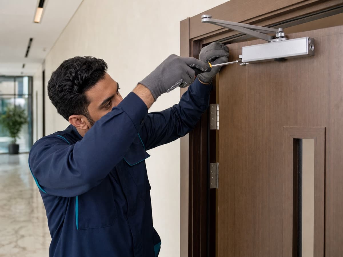 Building maintenance technician adjusting commercial door hardware