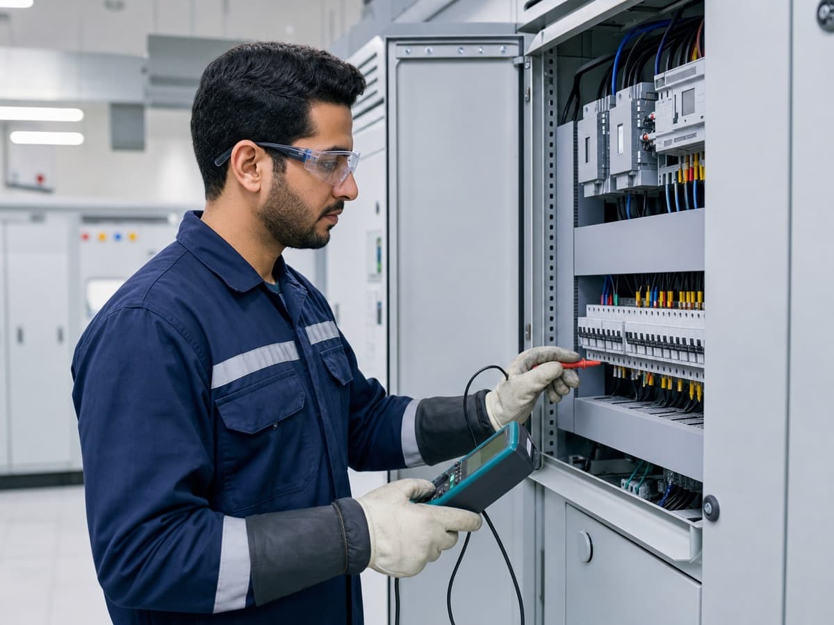 Electrical technician inspecting a commercial distribution panel