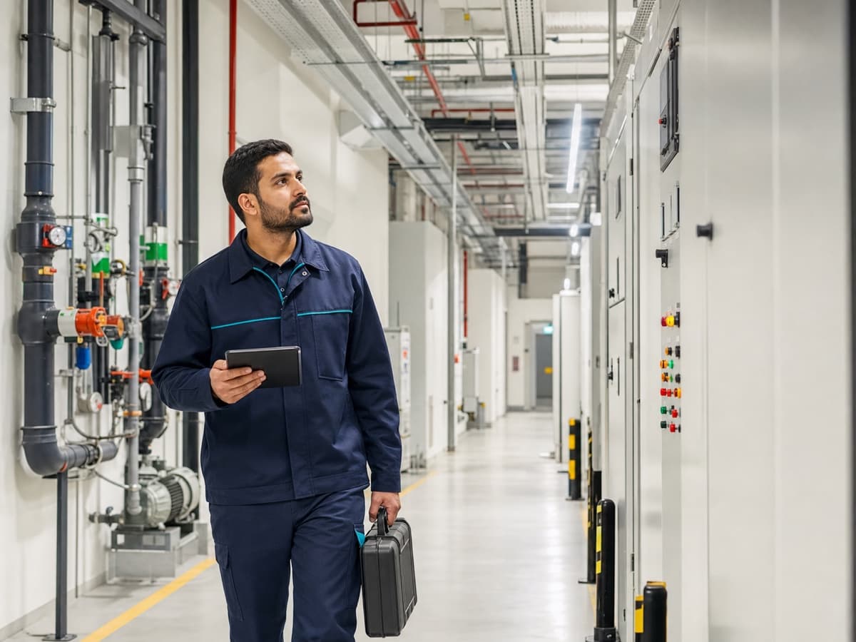 Facility technician inspecting systems in a commercial building