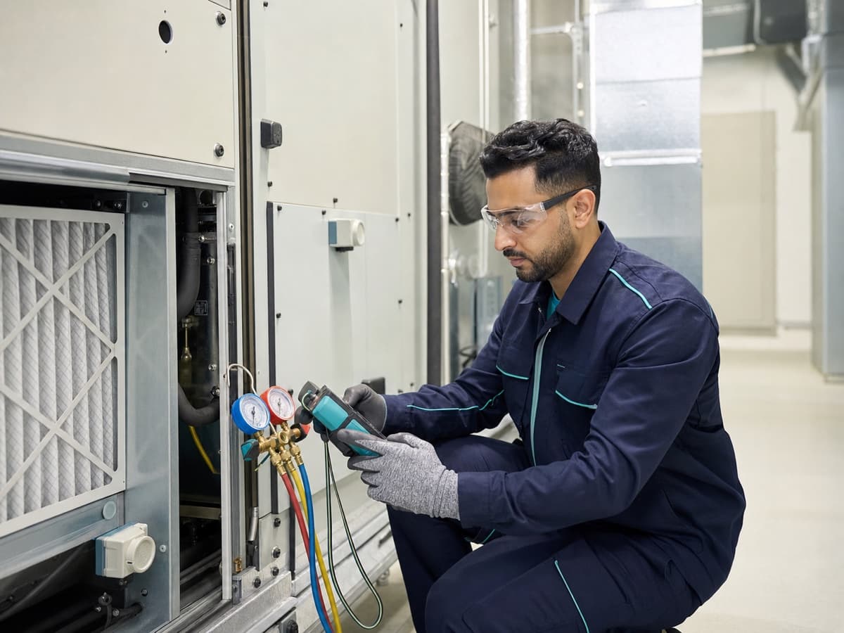 HVAC technician servicing commercial air-conditioning equipment