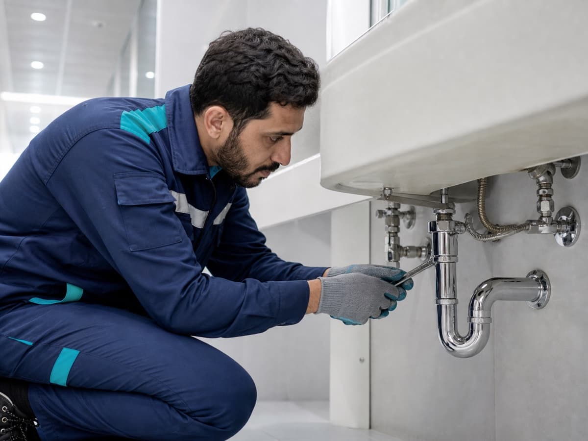 Plumbing technician checking commercial pipe fittings