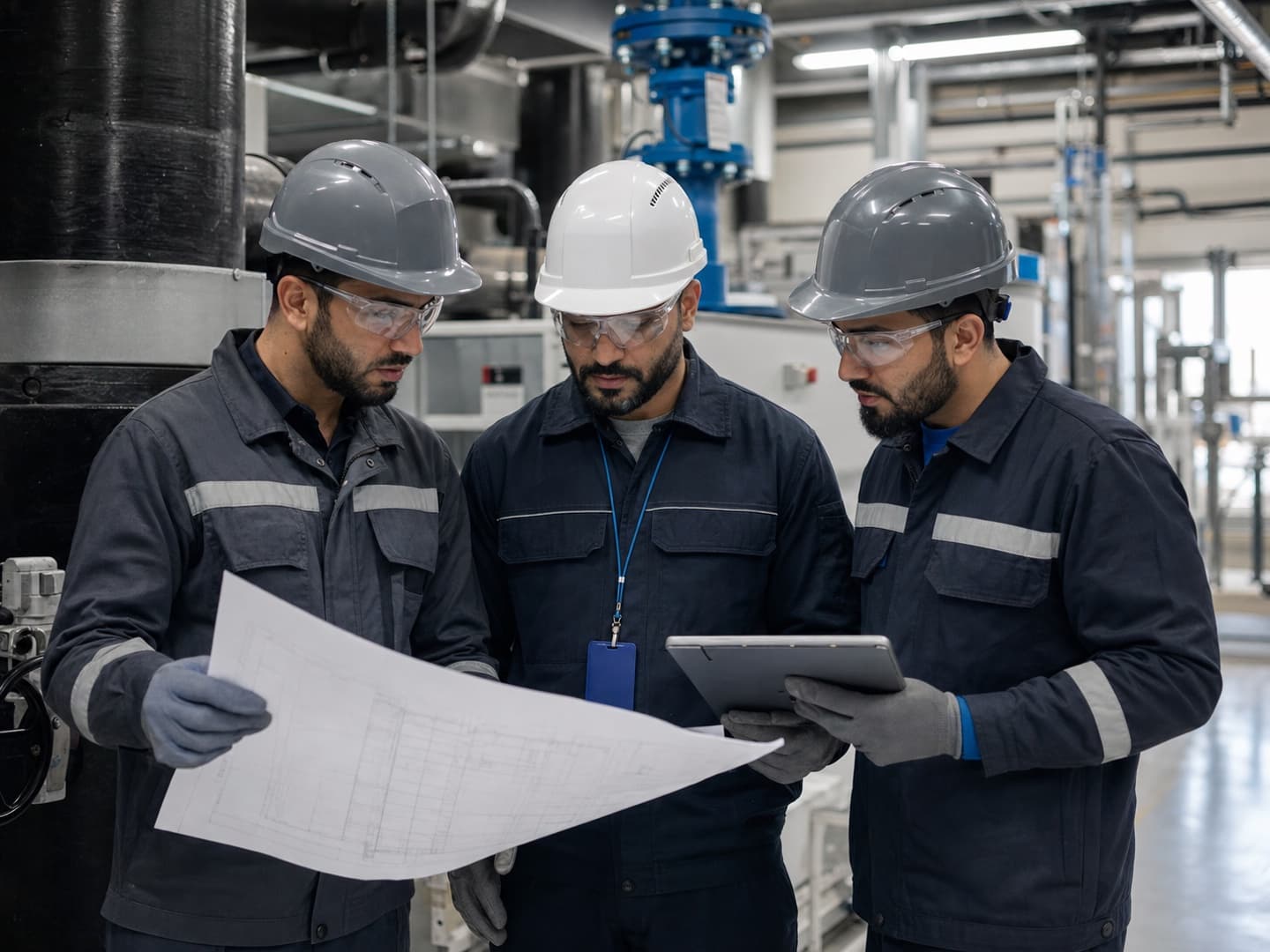 Technical maintenance team reviewing drawings and equipment data