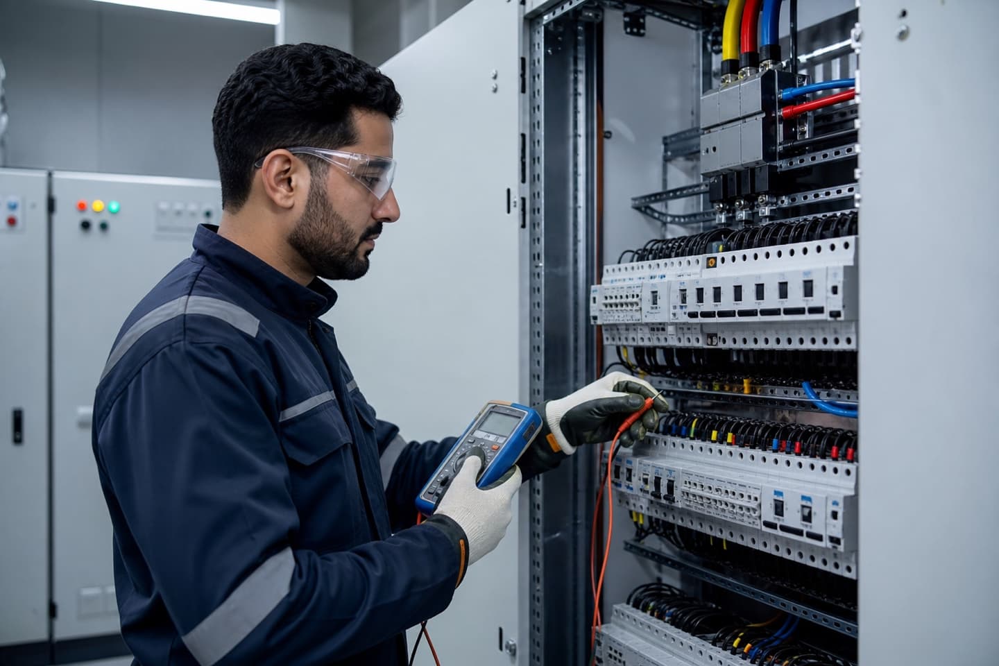 Electrical engineer testing a distribution panel