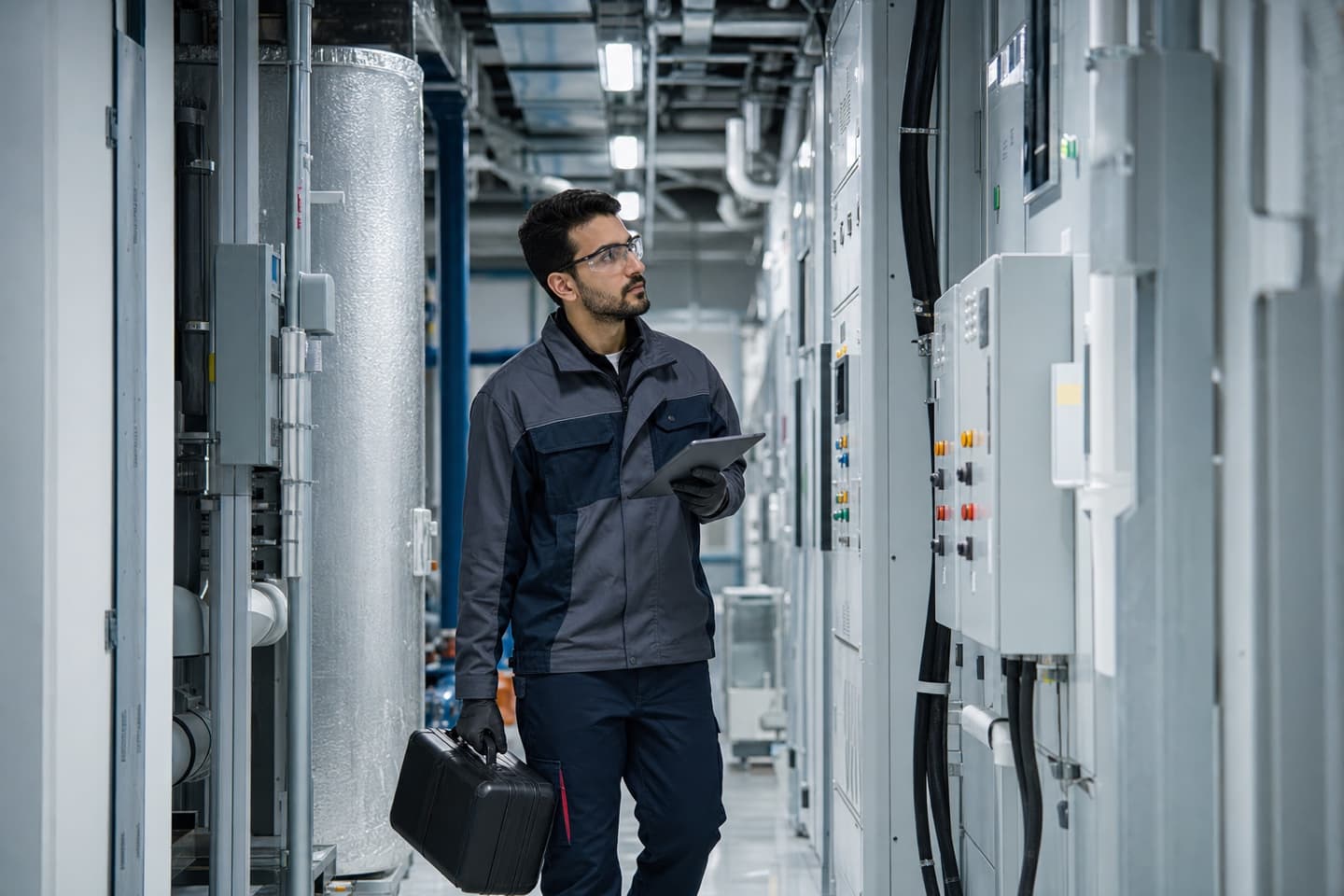 Facility engineer inspecting building systems