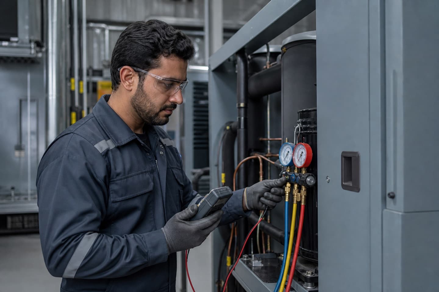 HVAC engineer checking commercial cooling equipment