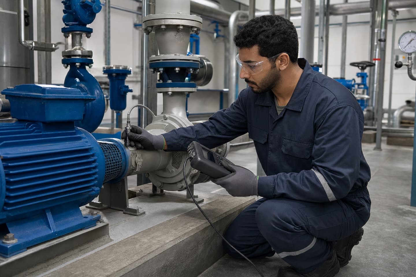 Technician assessing a commercial pump