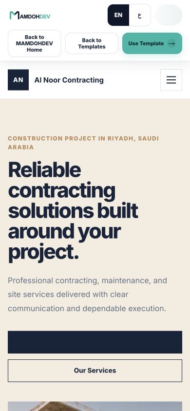 Mobile view of the MAMDOHDEV Contracting 01 template with a clear headline and action buttons