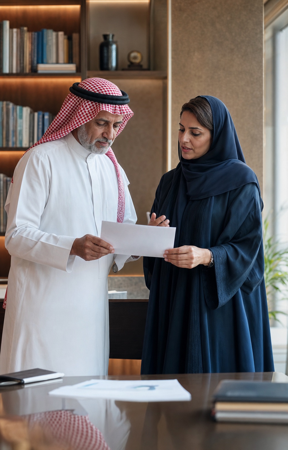 Senior Saudi professionals discussing a business brief