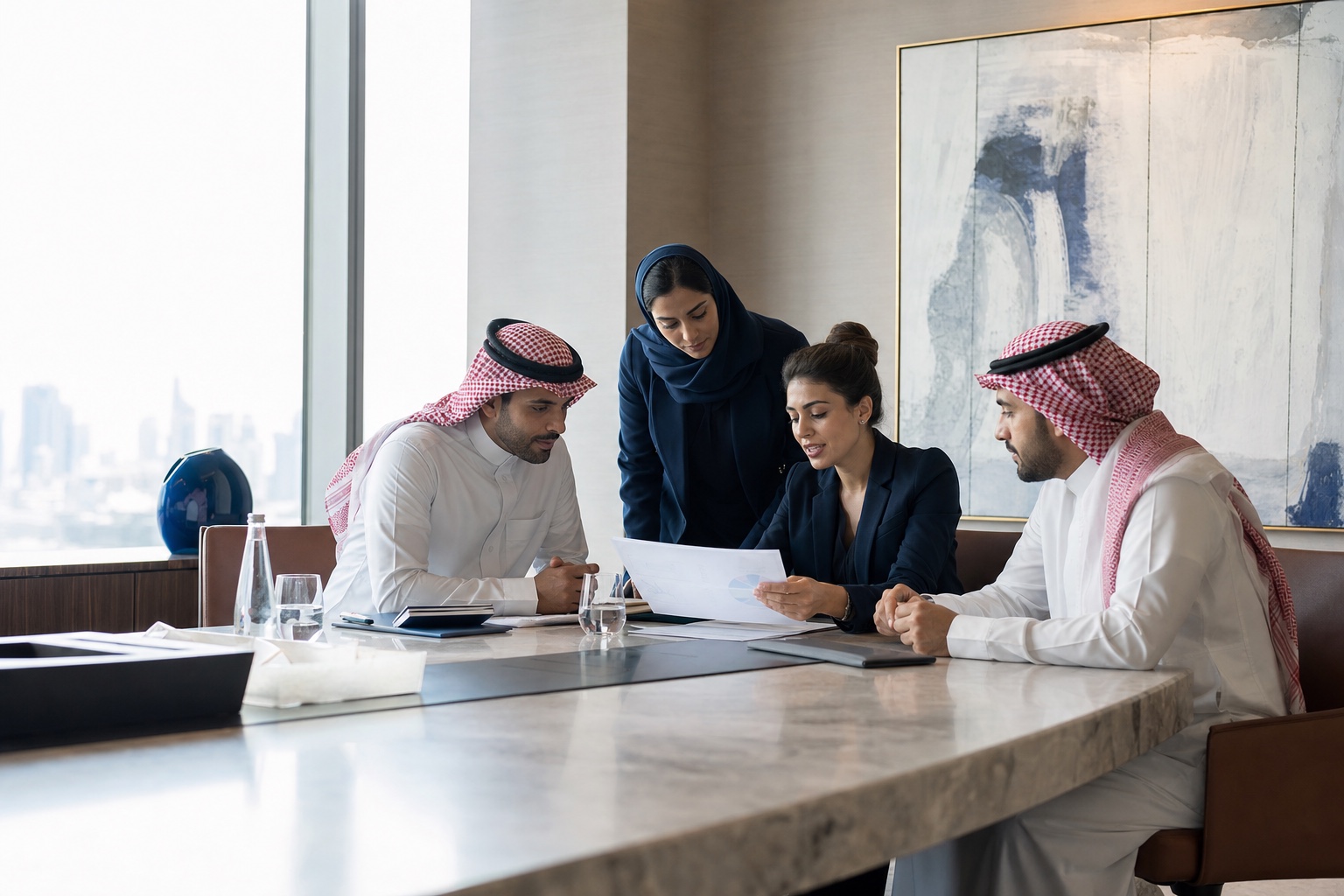 Consultants reviewing a strategy brief in a Riyadh boardroom