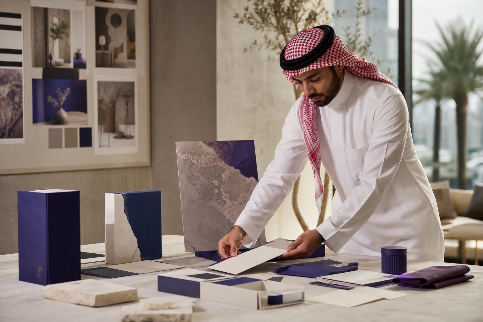Designer arranging a hospitality identity system