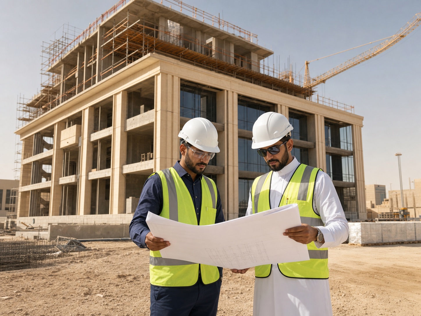 Two construction professionals reviewing plans at a modern Saudi building site