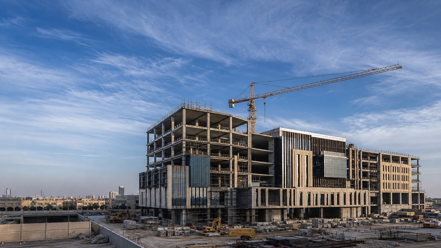 Modern Saudi commercial construction project at sunrise