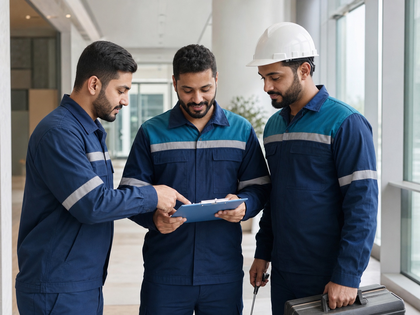 Facilities maintenance team reviewing a service checklist