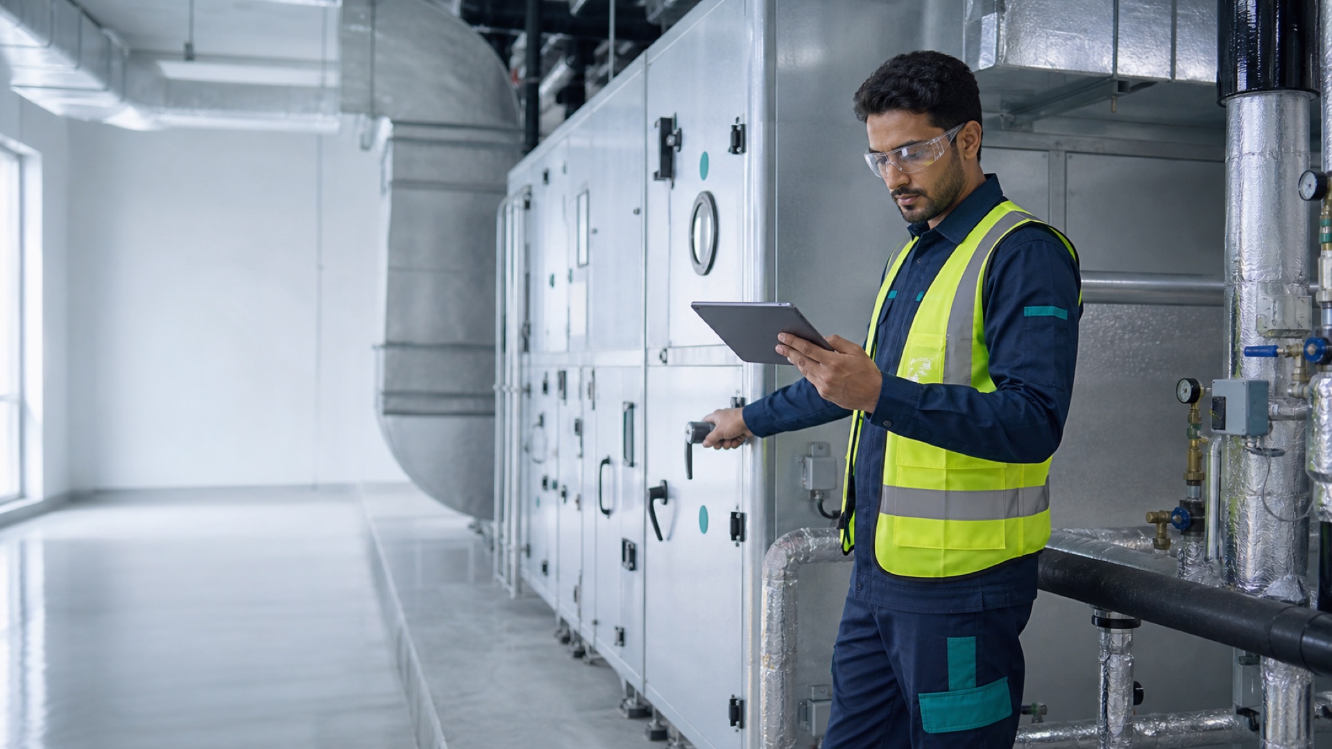 Facility technician inspecting commercial HVAC equipment