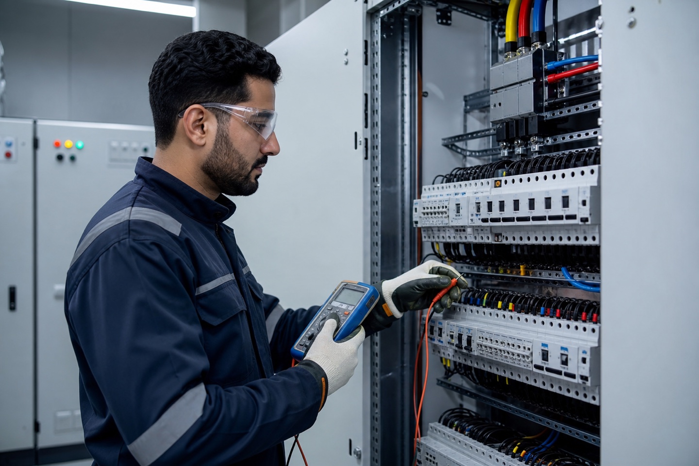 Electrical engineer testing a distribution panel