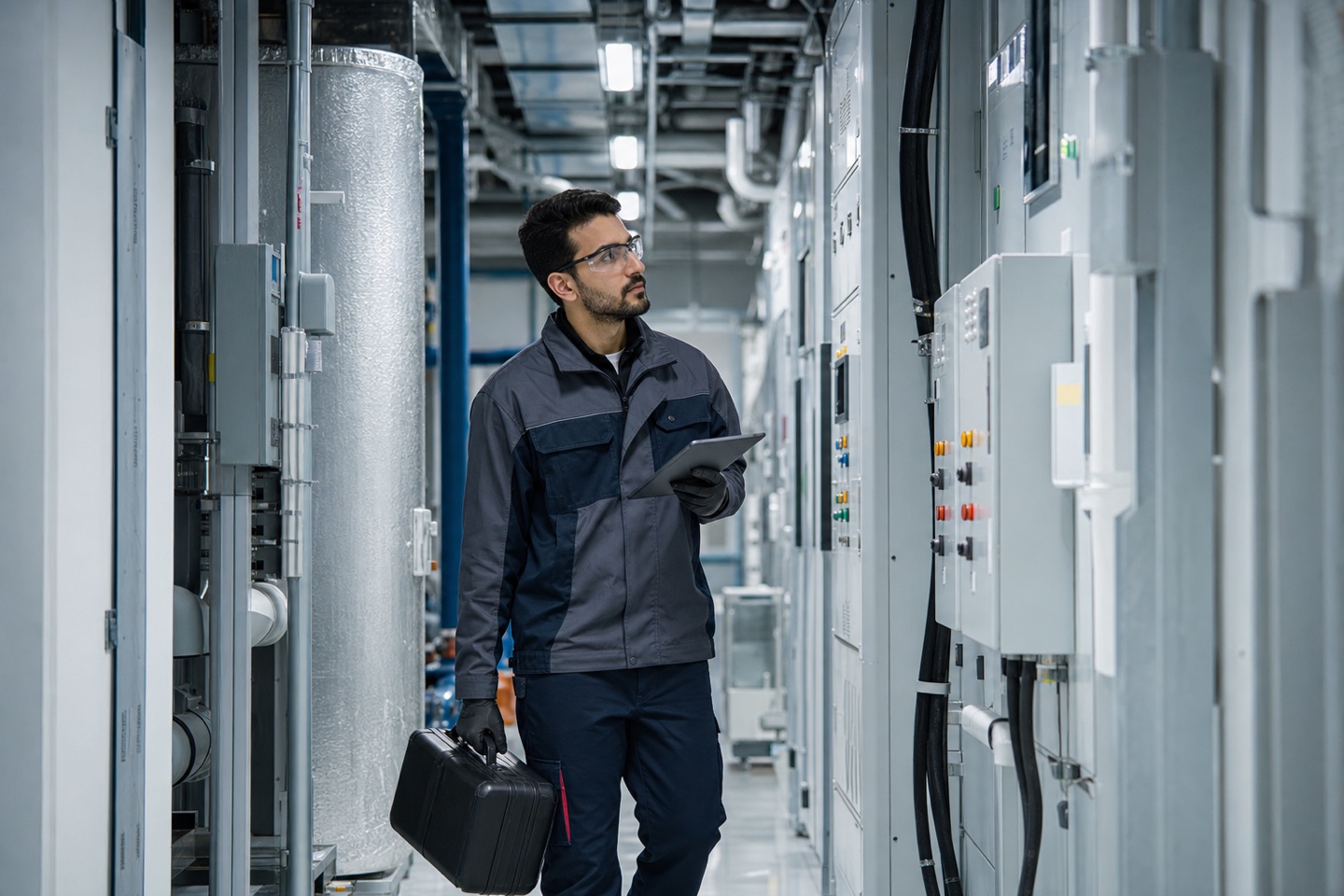 Facility engineer inspecting building systems
