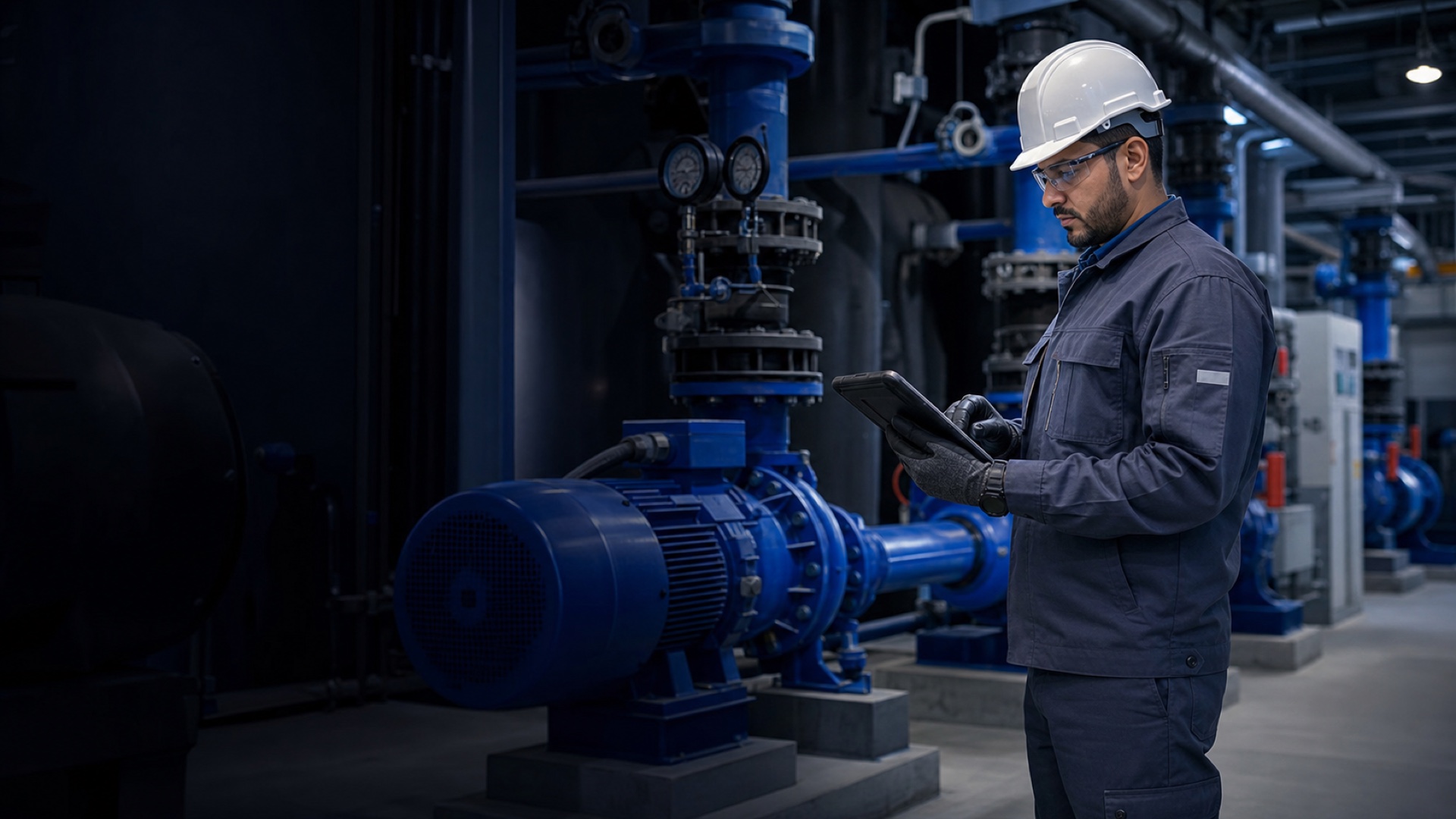 Technical engineer inspecting pumps in a commercial plant room